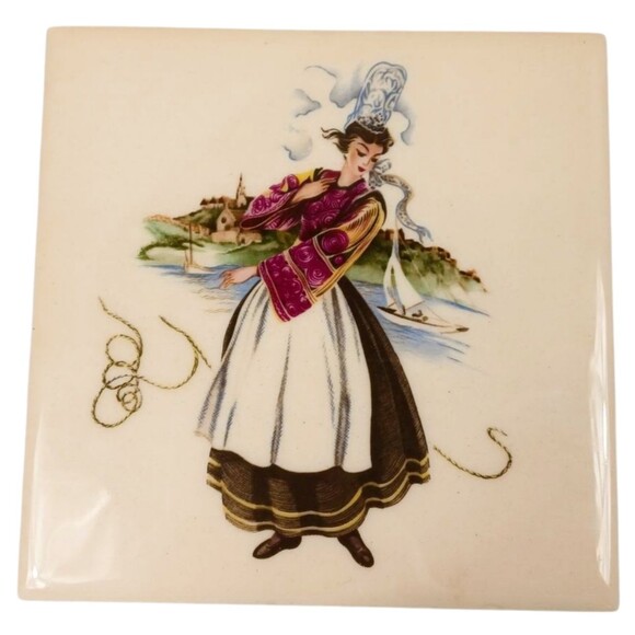 Set of Hyalyn Mid Century 6" Vintage Mosaic Tiles - French Costumes Boats Water - Picture 3 of 8